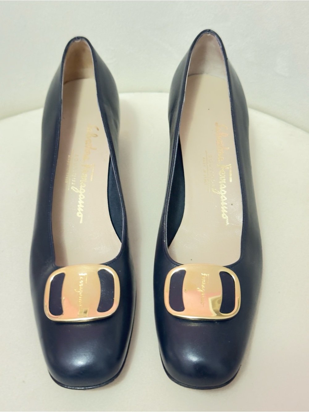Salvatore Ferragamo Black Leather Flats with Gold Buckle Accent